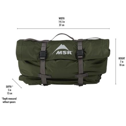 Sbalený Stan MSR Hubba Hubba Bikepack 2 zelená s viditelnými rozměry pro snadné skladování. (15)
