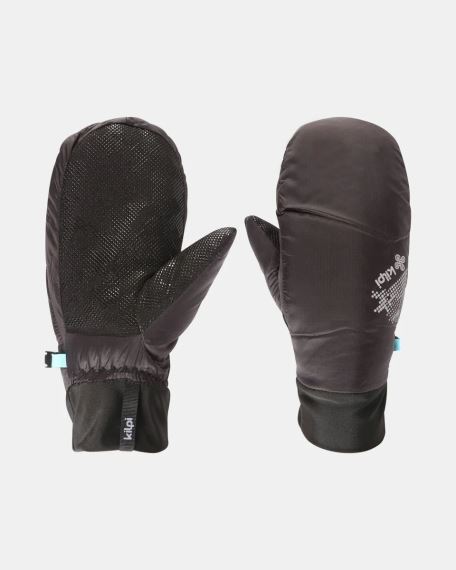 Pohled na pár unisex palčáků Kilpi BISS-U černá zepředu a zezadu s protiskluzovou dlaní.