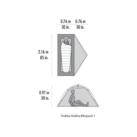 Stan MSR Hubba Hubba Bikepack 1 zelená, technický diagram s rozměry a zobrazením vnitřního prostoru pro osobu. (6)