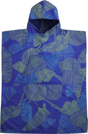 Převlékací pončo PackTowl Changing Poncho botanical L/XL, modré s kapucí a vzorem zelených listů.