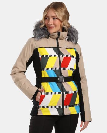 Dámská lyžařská bunda Kilpi CLAIR-W béžová na modelce s barevným geometrickým vzorem. (16)