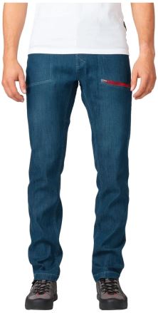 Kalhoty Rafiki ROCCA dark blue denim S na modelovi zepředu, s výrazným červeným zipem na kapse. (2)