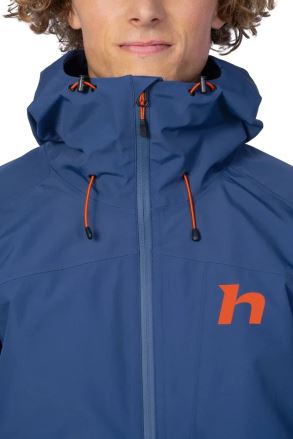 Detailní záběr na horní část modré bundy Hannah ALAGAN pumpkin spice L s kapucí, oranžovými šňůrkami a logem 'h' na postavě. (7)
