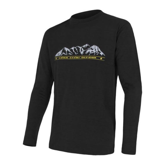 Pánské funkční tričko s dlouhým rukávem a potiskem SENSOR Merino Active PT Mountains černá