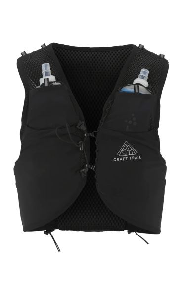 Přední pohled na Hydratační vestu CRAFT PRO Hydration černou s integrovanými lahvemi na vodu.