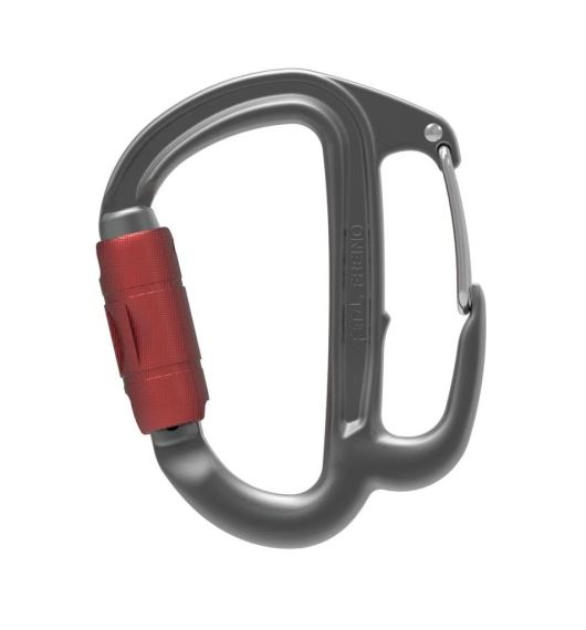 Karabina Petzl Freino Z Twist-Lock z mírného úhlu s červeným zámkem.