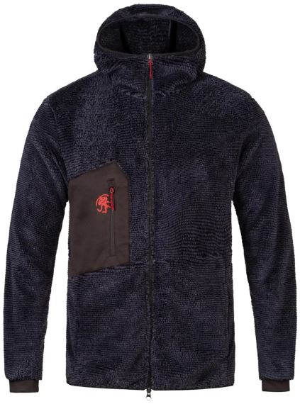 Přední pohled na tmavě modrou fleecovou mikinu Rafiki HULK dark navy S s kapucí, zipem a logem na kapse.