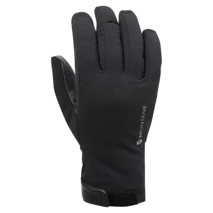 Přední pohled na černou rukavici Montane Duality Glove black L s logem a suchým zipem na zápěstí. (2)