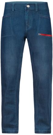 Přední pohled na Kalhoty Rafiki ROCCA dark blue denim S s červeným zipem na pravé kapse.