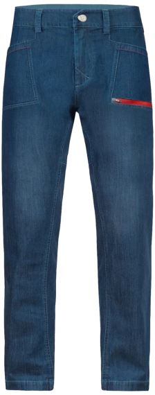 Přední pohled na Kalhoty Rafiki ROCCA dark blue denim S s červeným zipem na pravé kapse.
