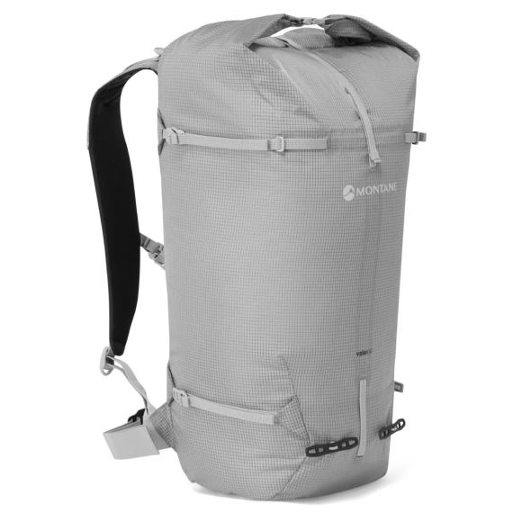 Batoh Montane Valen 30L neptune blue ONE SIZE zobrazený zepředu s rolovacím uzávěrem a ramenním popruhem.