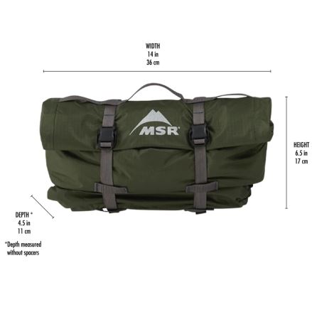Detail sbaleného stanu MSR Hubba Hubba Bikepack 1 zelená s vyznačenými rozměry. (12)