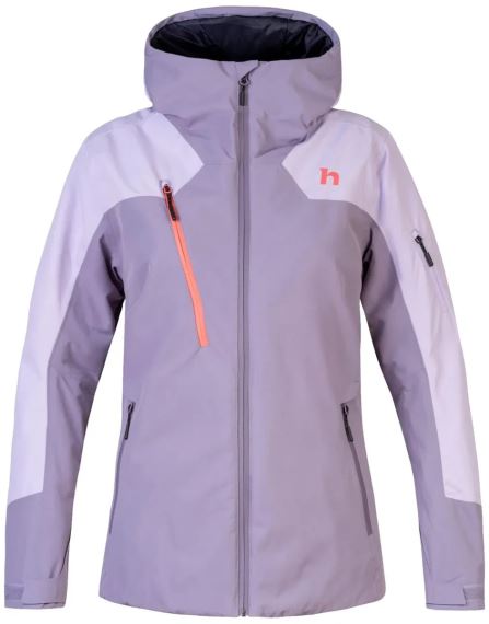 Přední pohled na dámskou bundu Hannah Ritta purple ash/orchid petal 36 s kapucí a oranžovým zipem.