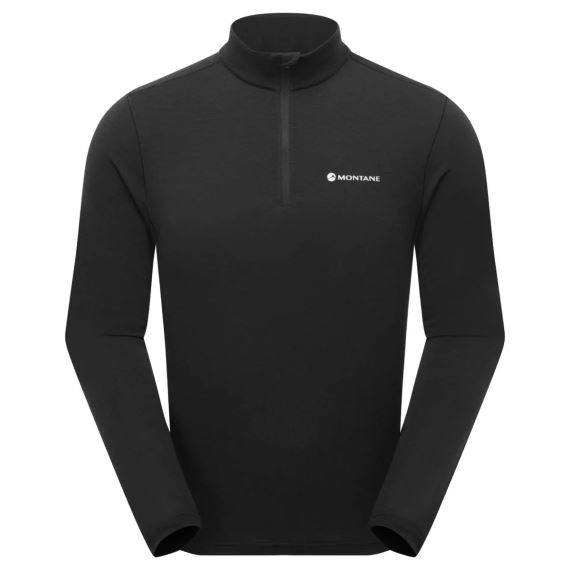 Přední pohled na černé Tričko Montane Malli Long Sleeve Zip black L s krátkým zipem u krku a logem na hrudi.