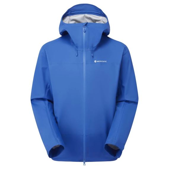 Přední pohled na modrou bundu Montane Torren Jacket black S s kapucí a zipem.