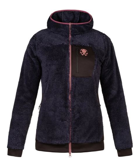 Přední pohled na dámskou mikinu Rafiki TARIFA dark navy 34 s kapucí a růžovými detaily.