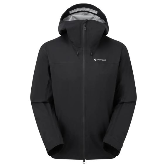 Přední pohled na černou bundu Montane Torren Jacket black S s kapucí na bílém pozadí.