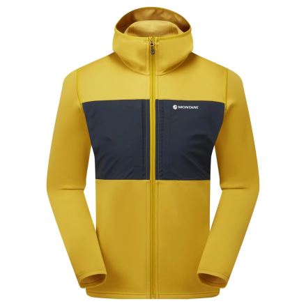 Mikina Montane Fury XT Hoodie black S, přední pohled na žlutý model s tmavě šedými panely a kapucí.