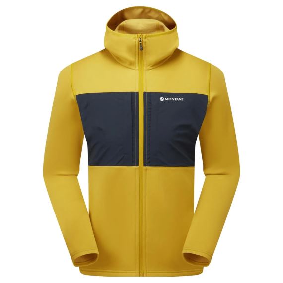 Mikina Montane Fury XT Hoodie black S, přední pohled na žlutý model s tmavě šedými panely a kapucí.