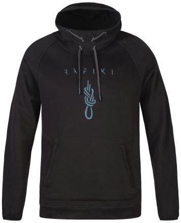 Přední pohled na Mikinu Rafiki Pantera II dark navy S s kapucí, modrým logem a horolezeckým uzlem.