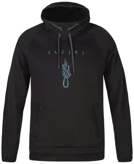 Přední pohled na Mikinu Rafiki Pantera II dark navy S s kapucí, modrým logem a horolezeckým uzlem.