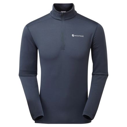 Přední pohled na Mikinu Montane Protium Lite Pull-On eclipse blue XS s viditelným zipem a logem.