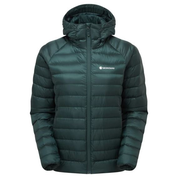 Přední pohled na dámskou péřovou bundu Montane Womens Anti-Freeze Hoodie cornflower UK10/S.