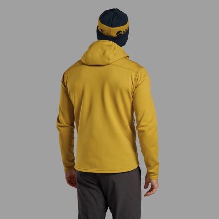 Zadní pohled na žlutou Mikinu Montane Fury XT Hoodie black S s kapucí na modelovi. (5)