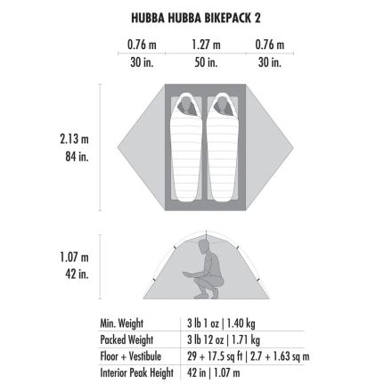 Stan MSR Hubba Hubba Bikepack 2 zelená: technický diagram s půdorysem, výškou a rozměry pro dvě osoby. (7)